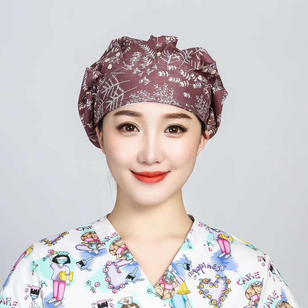 巧护士蓬蓬帽松芝草红女医生护士帽长发全棉印花纹绣美容院工作帽