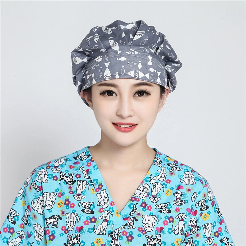 巧护士蓬蓬帽灰底小鱼女医生护士帽长发包头棉布印花美容师工作帽