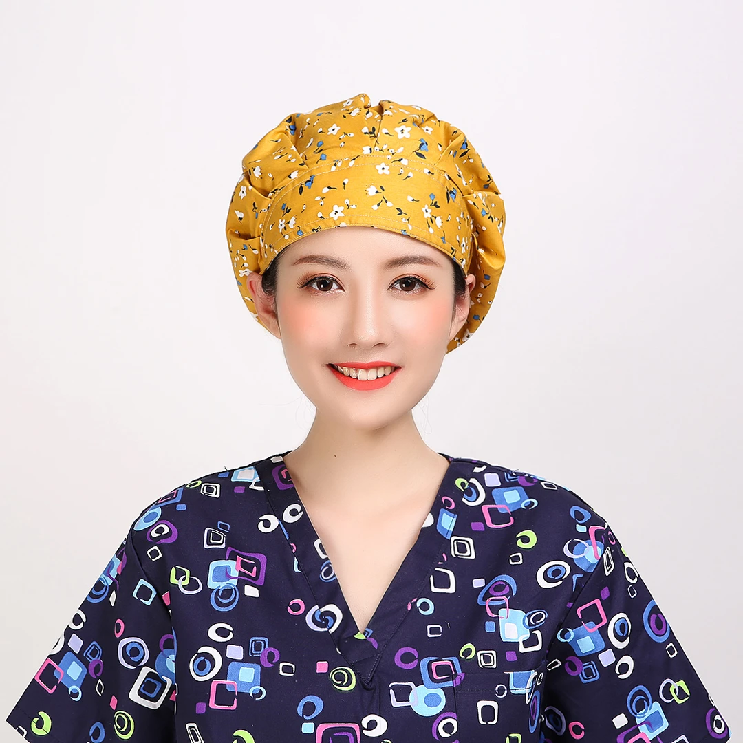 巧护士蓬蓬帽黄腊梅女医生护士帽印花棉布长发餐饮酒店美容工作帽