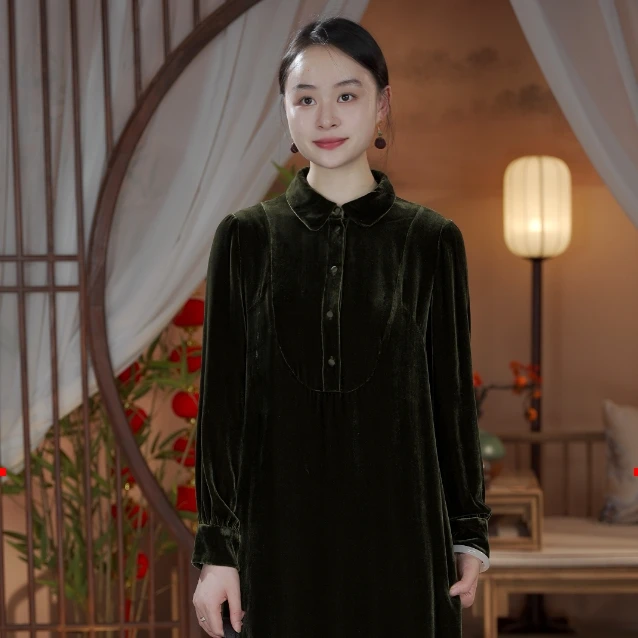 2024新款丝绒桑蚕丝橄榄绿时尚气质连衣裙TY-QL61026-1