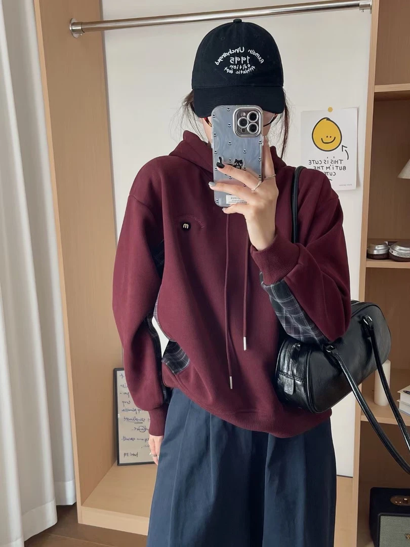 秋冬新款加厚加绒拼接高级感连帽卫衣