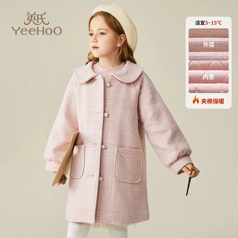 英氏女童中长款洋气呢子大衣加厚儿童夹棉保暖中大童秋冬外套YFW