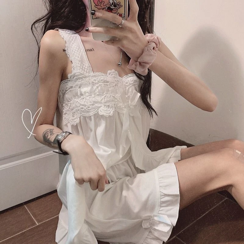 吊带睡衣套装女夏季无袖白色公主风蕾丝花边睡裙2023年新款可外穿