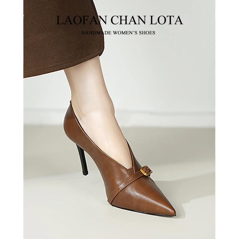 七月家 6/8跟高 手工全真皮细跟精致百搭经典款女鞋秋冬新款女鞋