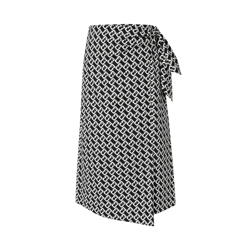 芭蒂娜黑白印花A字半身裙女2023冬季新款高腰气质中长裙634S803