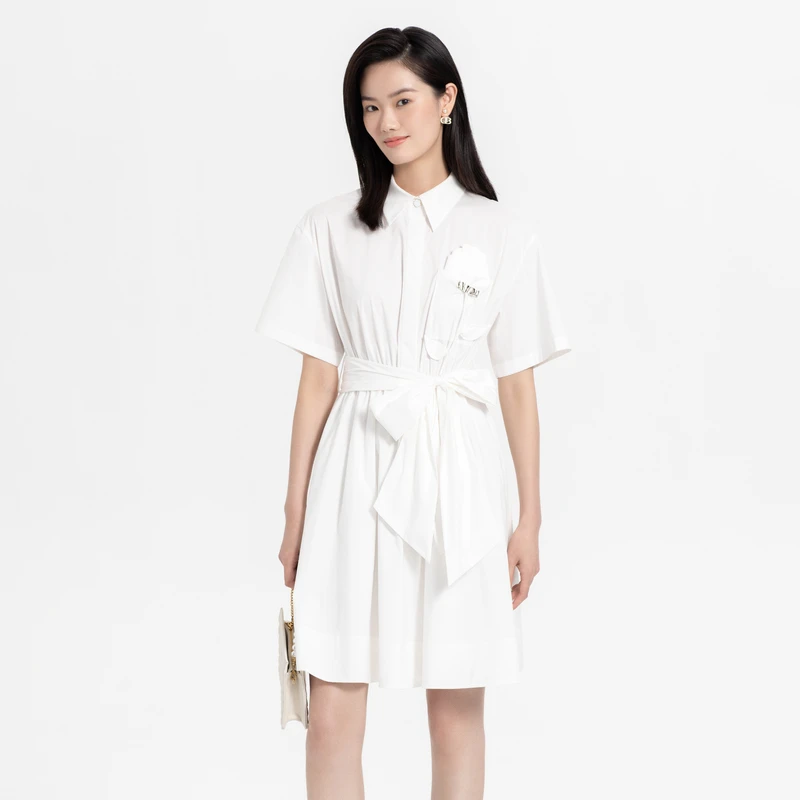 芭蒂娜白色法式连衣裙女春秋新款时尚收腰中长款衬衫裙123U203