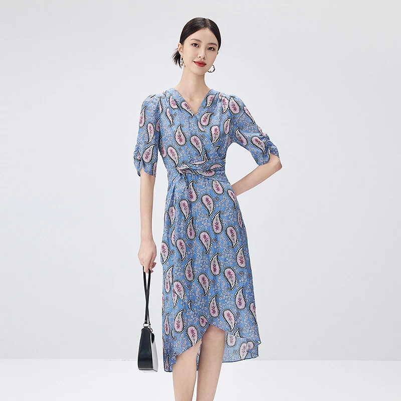BADINA/芭蒂娜显瘦气质蓝色女士春夏法式修身印花连衣裙642U157