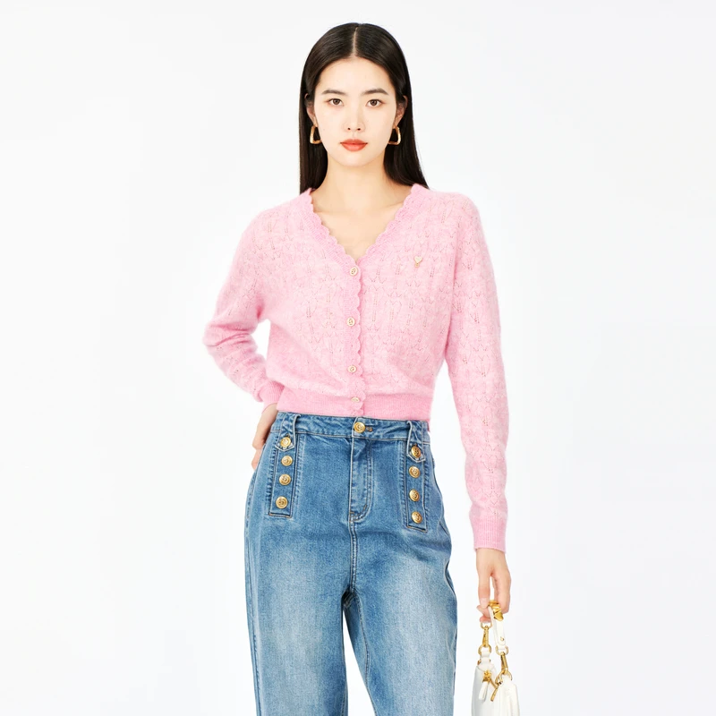 芭蒂娜羊毛V领针织衫女新款粉色针织长袖上衣133F097