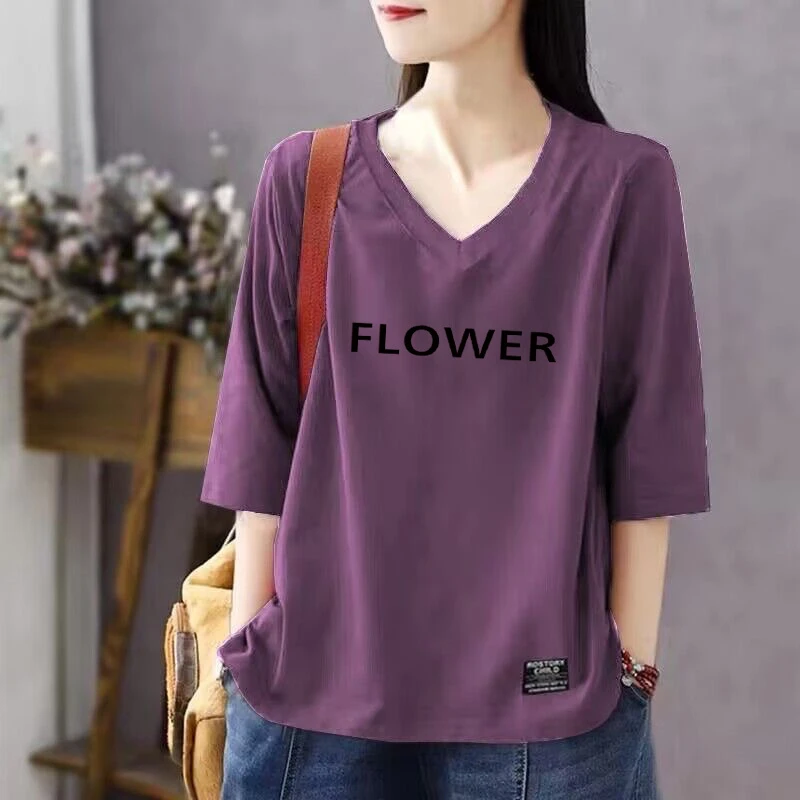 100%纯棉大码V领百搭宽松时尚韩版短袖t恤印花新款夏季五分袖上衣
