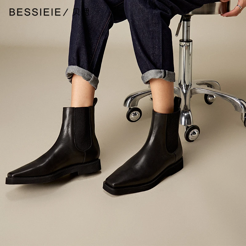 BESSIEIE/贝缌平底方头新款短靴通勤百搭马丁瘦瘦靴时尚黑色短筒