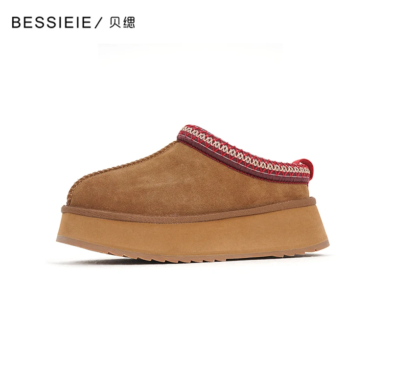 BESSIEIE/贝缌|包头休闲舒适毛拖鞋浅口低帮厚底懒人鞋加绒雪地靴