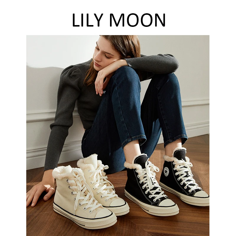 LILYMOON秋冬加绒高帮经典帆布鞋保暖舒适休闲