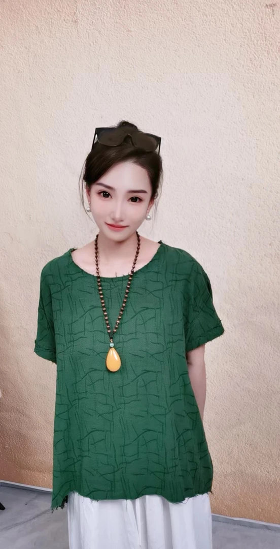 【流浪记大姐大】X20时尚绿色短袖休闲上衣百搭短袖时尚复古宽松