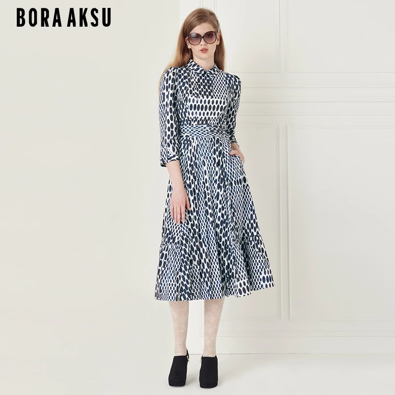 BORAAKSU2022秋新黑白波点褶裥衬衫翻领连衣裙B1CGW61550