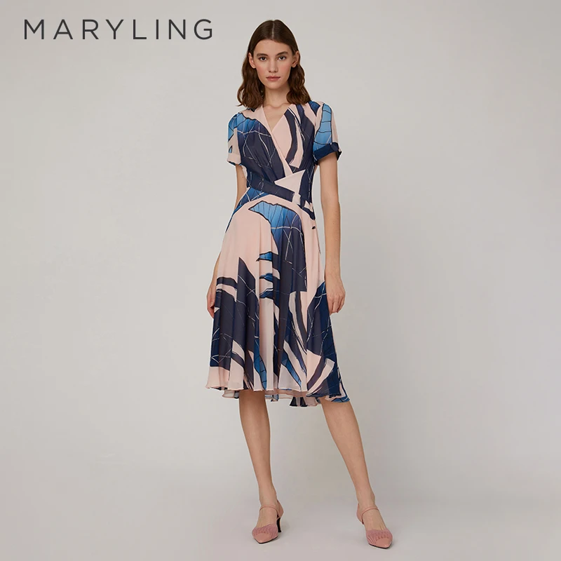 MARYLING玛俪琳春夏粉色梦镜V领印花大波浪裙摆连衣裙A1CDW63660