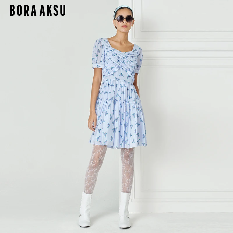 BORAAKSU夏季法式复古甜美方领蓝底蜂舞印花收腰连衣裙B1DCW63660