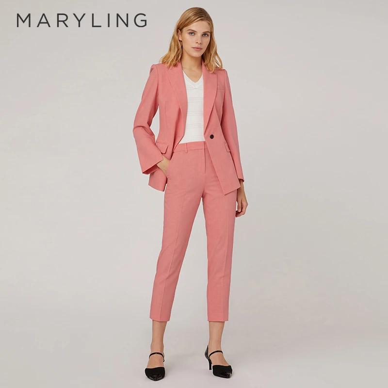 MARYLING玛俪琳春季珊瑚粉西装裤休闲九分小脚长裤A1CBW51180