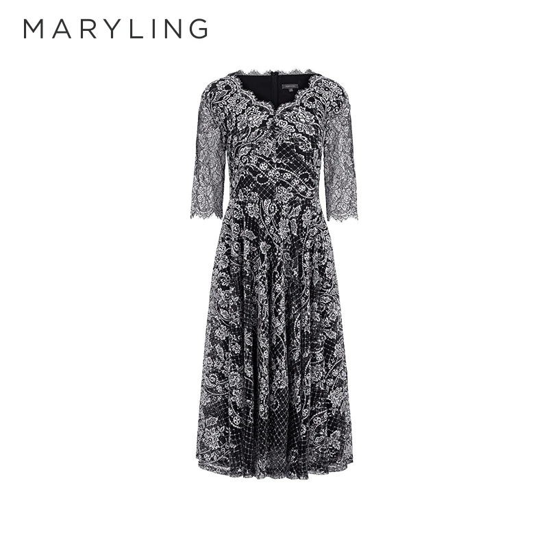 MARYLING玛俪琳复古时尚气质黑白优雅V领显瘦a字连衣裙A1BA67110