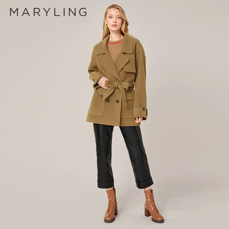 MARYLING玛俪琳气质冬季焦糖色双面呢收腰百搭经典大衣A1BHW93810