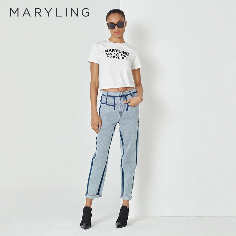 MARYLING玛俪琳夏季新品日常百搭白色黑白LOGO珠绣T恤A1DDW22050