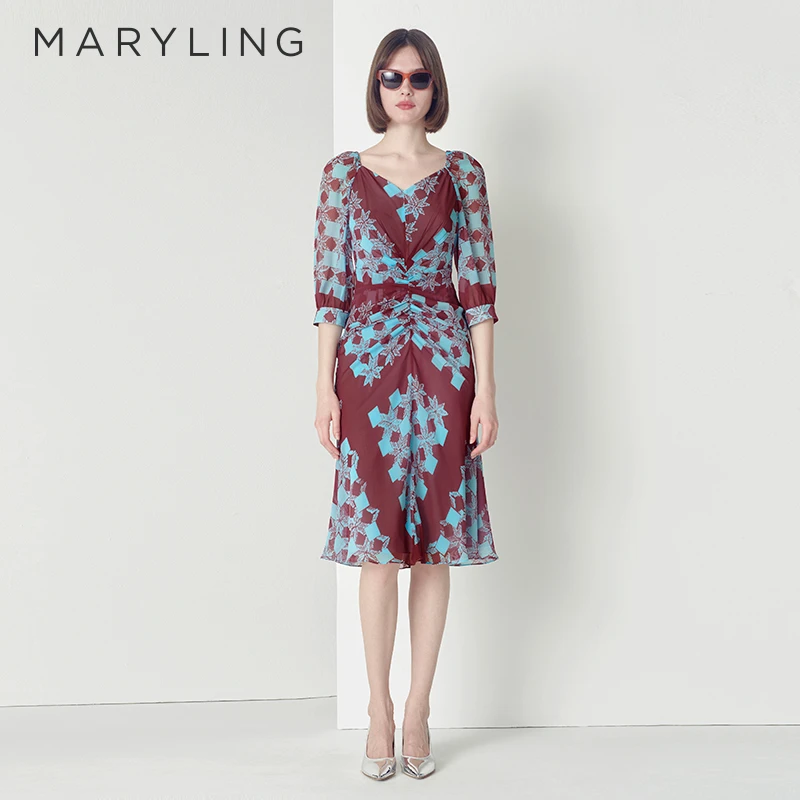 MARYLING玛俪琳时尚气质撞色艺术格子印花V领连衣裙A1CFW61160