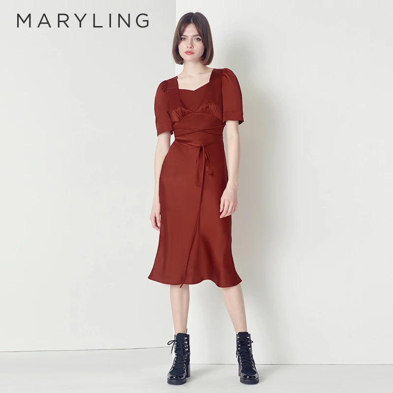MARYLING玛俪琳轻奢24K枫叶红高定气质新年修身连衣裙A1CFW61180