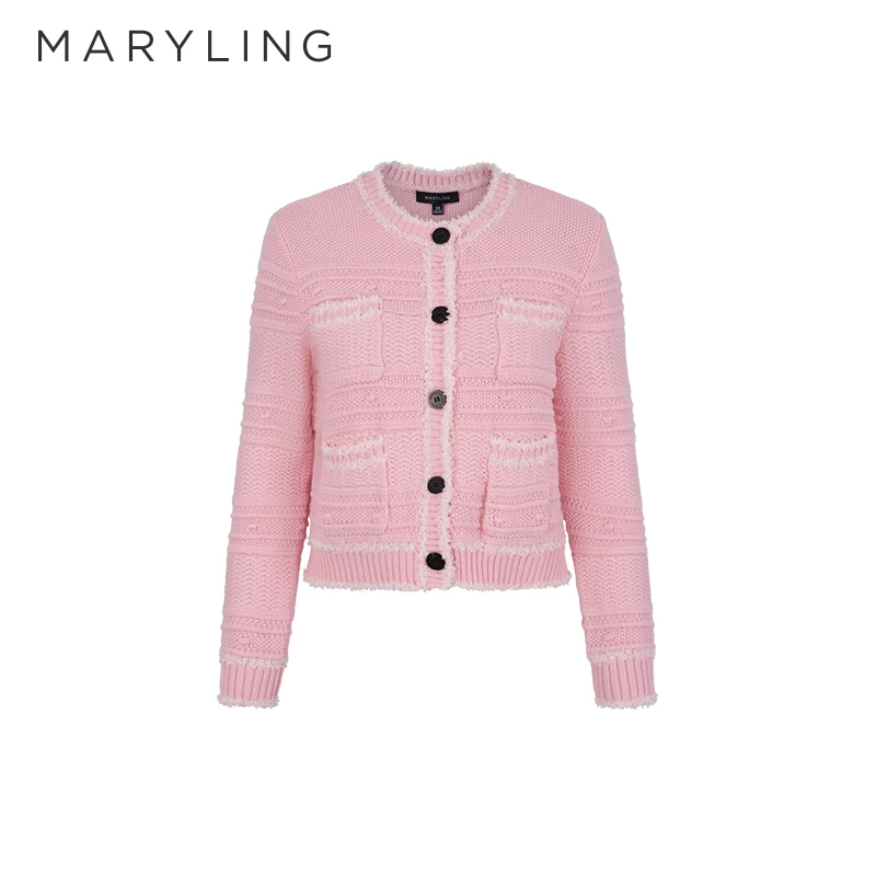 MARYLING玛俪琳冬季新品樱花粉圆领四口袋羊毛针织开衫A1DHW08990