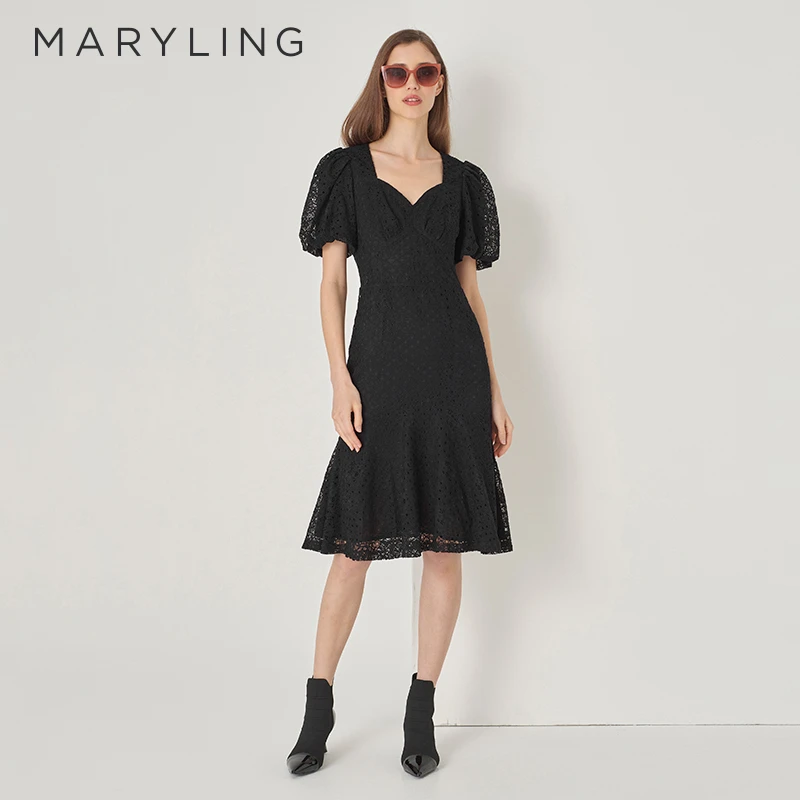 MARYLING玛俪琳秋季复古性感黑色蕾丝鱼尾泡泡袖连衣裙A1DGW61850