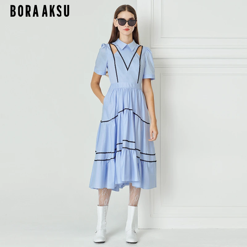 BORAAKSU夏季法式甜美拼色花边日常百搭天空蓝连衣裙女B1DCW61190