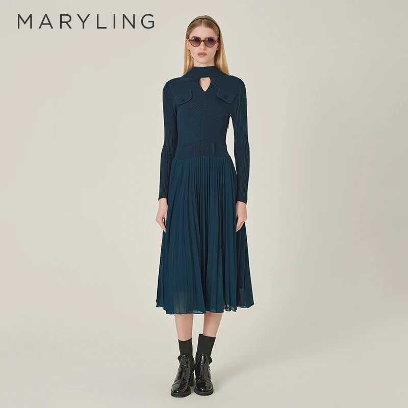 MARYLING玛俪琳2024冬季新品孔雀绿小高领针梭连衣裙A1EIW62780
