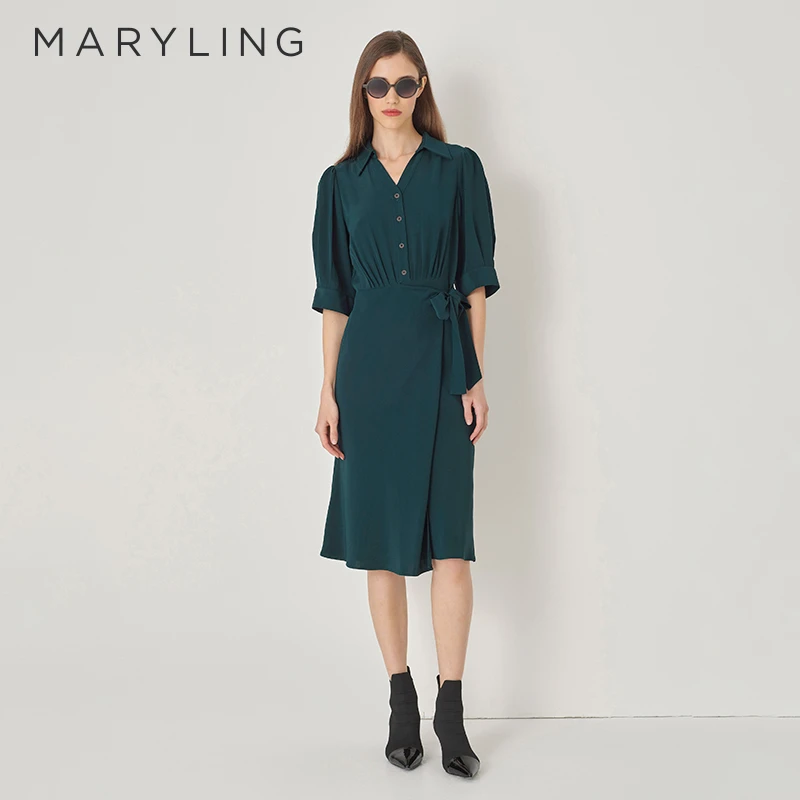 MARYLING玛俪琳初秋新品墨绿气质V领衬衣式鱼尾连衣裙A1DFW61120