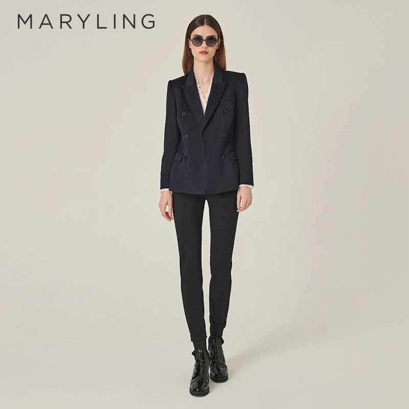 MARYLING玛俪琳2024秋季新品深蓝色翻领双排扣西装外套A1EGW10150