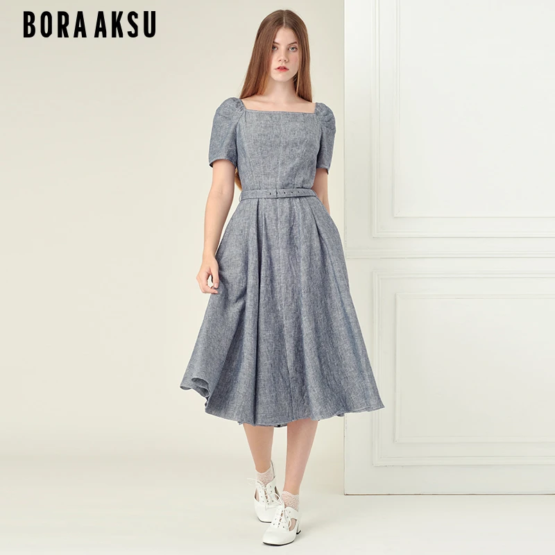 商场同款BORA AKSU夏新天然亚麻复古方领收腰连衣裙B1CDW63970