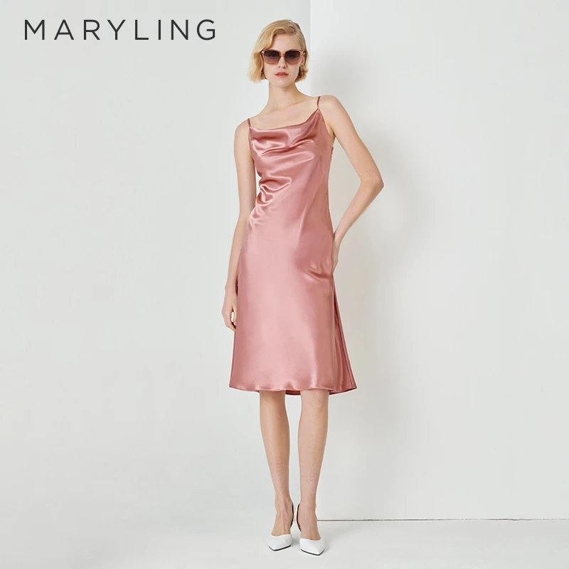 MARYLING玛俪琳夏季新品雾粉色性感荡领鱼尾式吊带裙女A1DCW63600