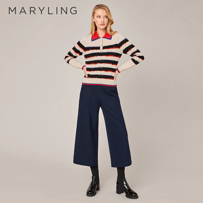 MARYLING玛俪琳冬季气质撞色间条提花POLO领羊毛针织衫A1BHW01210