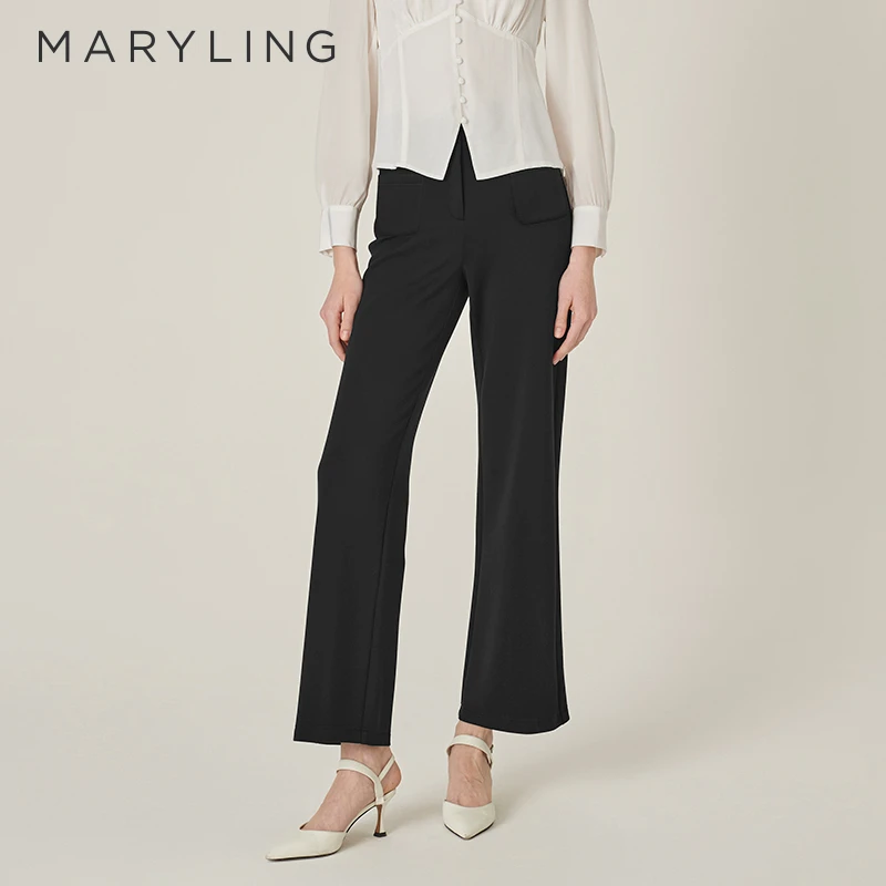 MARYLING玛俪琳2024秋季新品黑色百搭微喇宽松针织长裤A1EGW51400