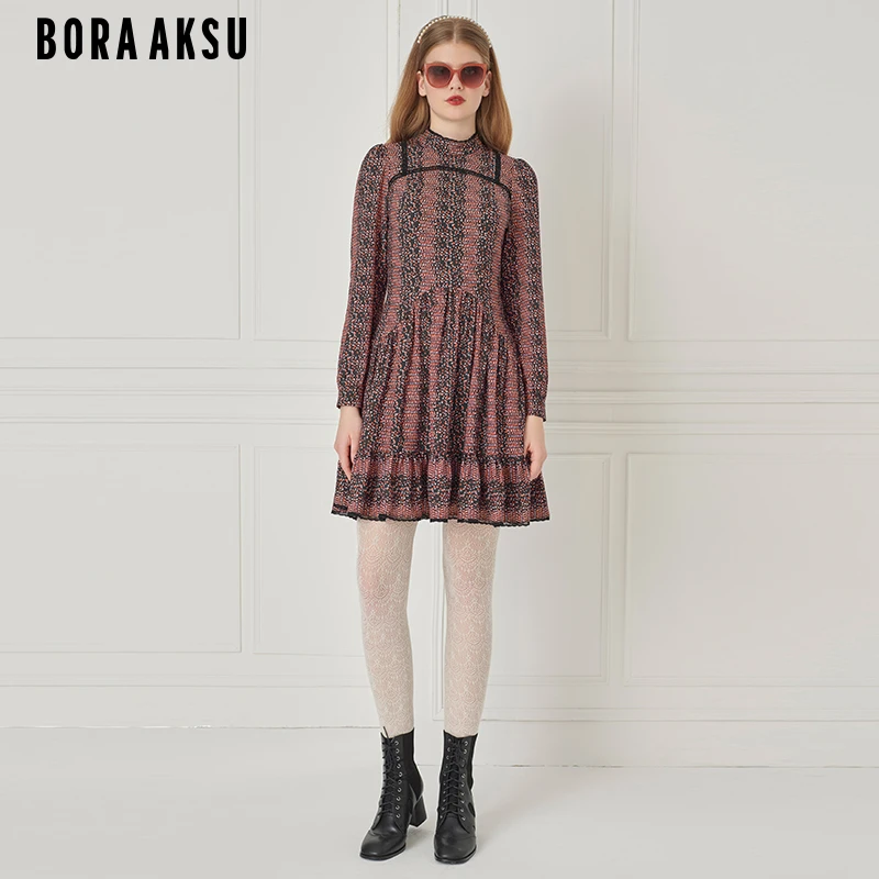 商场同款BORA AKSU秋季时尚泡泡袖复古立领印花连衣裙B1EHW62180