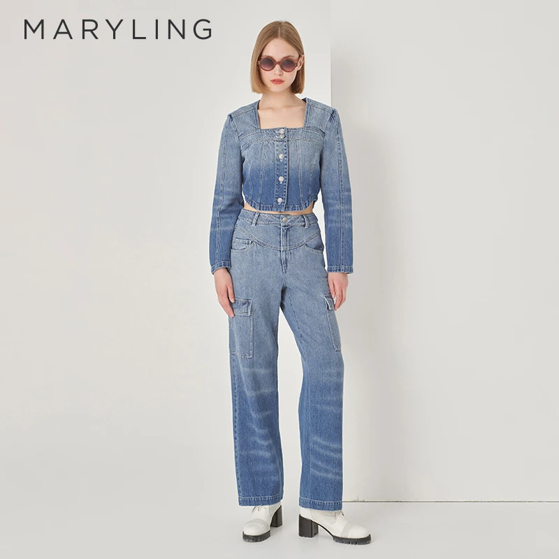 MARYLING玛俪琳秋季时尚百搭丹宁蓝短款水洗牛仔外套女A1DFW14290