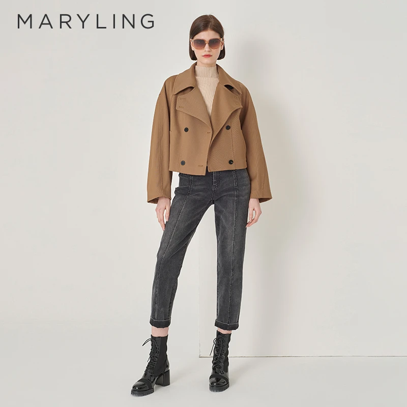 MARYLING玛俪琳秋冬复古宽松短款轮廓翻领和双排扣外套A1DGW90160