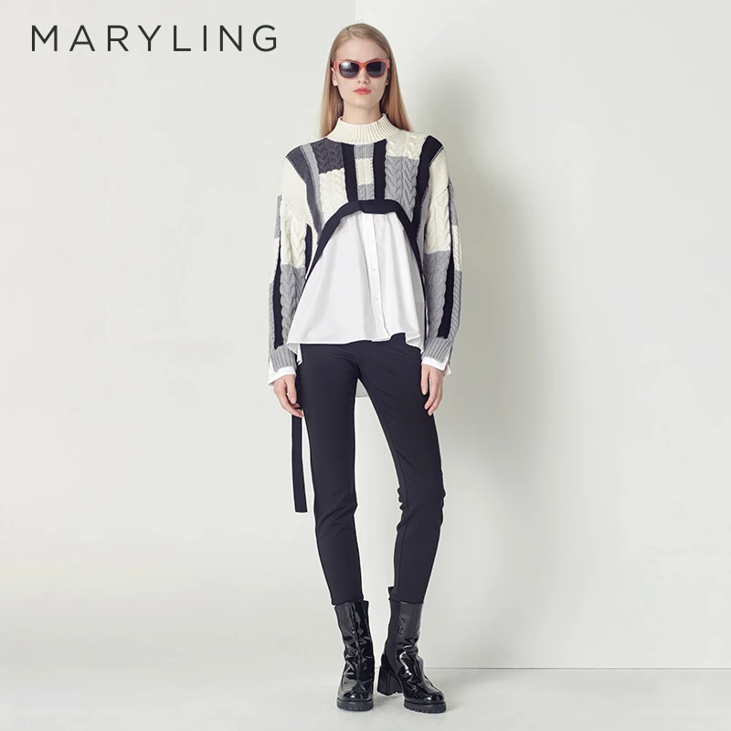 MARYLING玛俪琳2022冬季黑白格纹圆领女士针织套头衫A1CHW03650