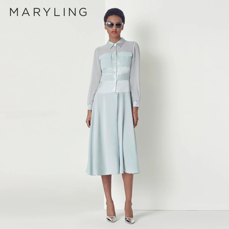 MARYLING玛俪琳时尚雾霾蓝色乔其纱气质优雅女士连衣裙A1CFW61260