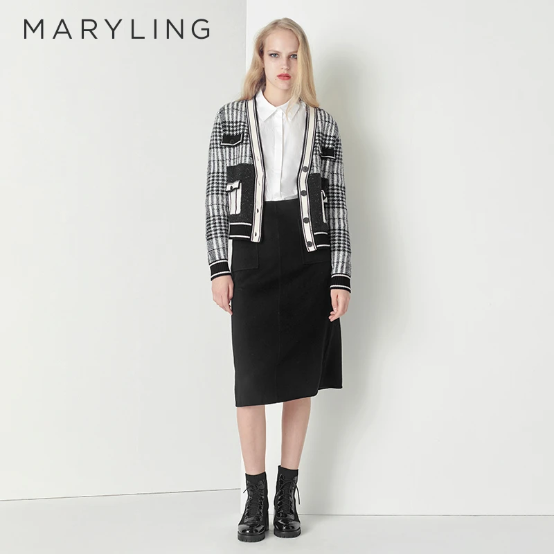 MARYLING 玛俪琳冬季时尚黑白格纹女士针织羊毛开衫A1CHW08840