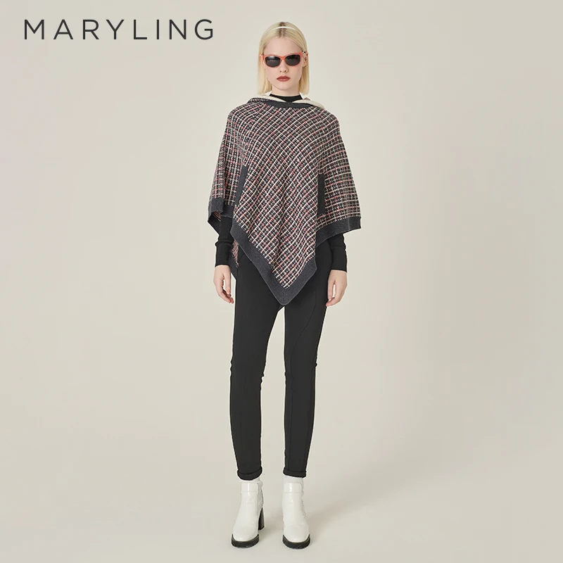 MARYLING玛俪琳2024秋季新品红黑色仿粗花呢针织披肩A1EGW03500