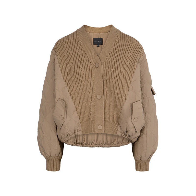 MARYLING玛俪琳冬季优雅百搭驼色毛衫拼接泡泡袖羽绒服A1DHW96120