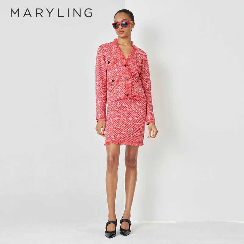 MARYLING玛俪琳时尚红粉格纹优雅针织小香风长袖开衫A1DAW08910