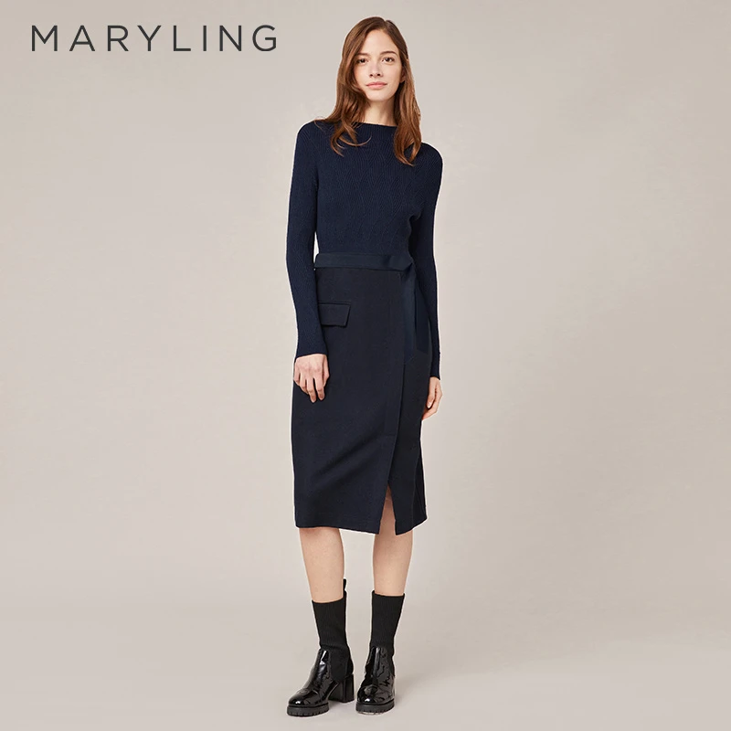 MARYLING玛俪琳冬季深蓝高腰开叉羊毛针梭气质连衣裙A1BIW65790