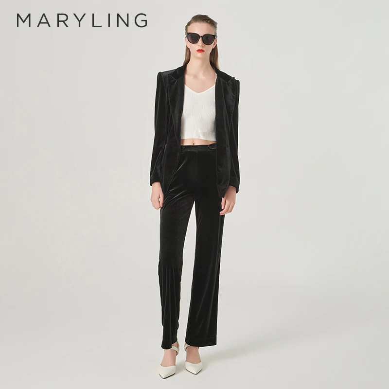 MARYLING玛俪琳2024初春新品优雅直身显瘦黑色丝绒长裤A1EAW51100