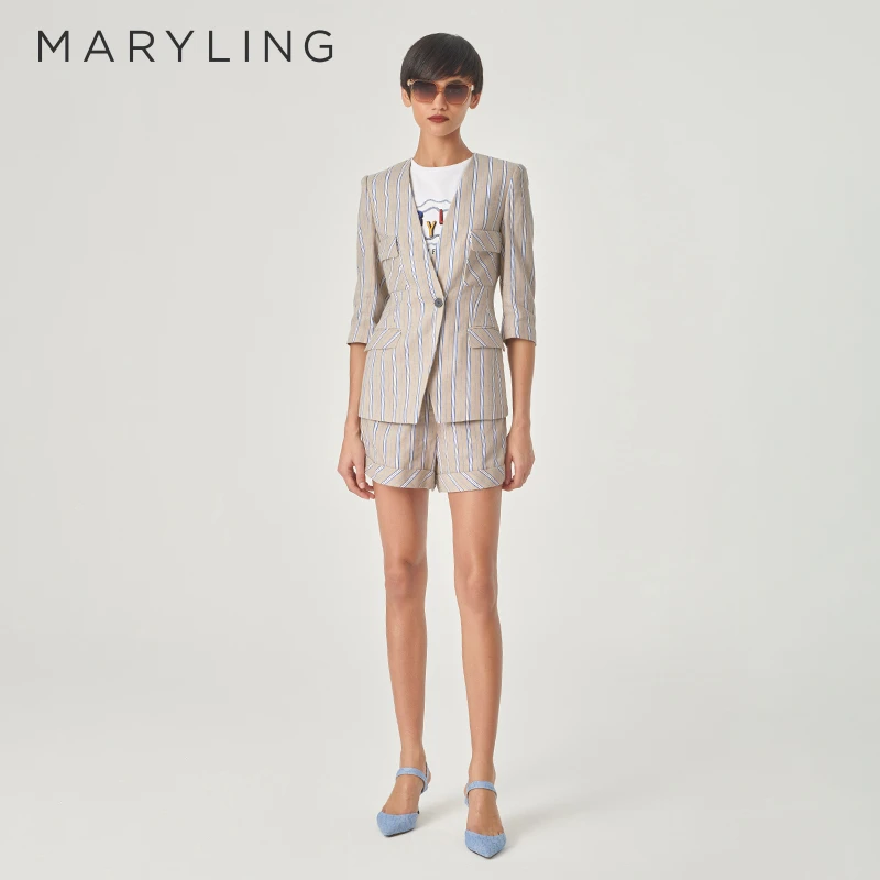MARYLING玛俪琳2024夏季新品杏色底蓝白条V领收腰西装A1ECW14850