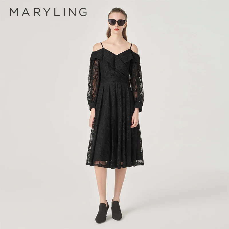 MARYLING玛俪琳2024春季新品露肩吊带黑色蕾丝连衣裙A1EBW67030