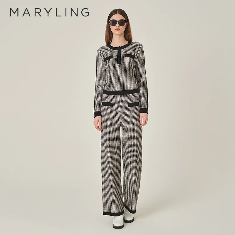 MARYLING玛俪琳2024冬季新品通勤黑白撞色圆领针织上衣A1EHW01190